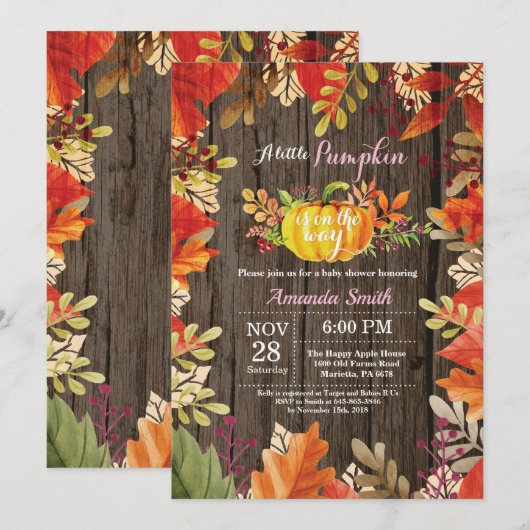 Rustieke Pompoen Herfst Meisje Baby shower Uitnodi Kaart (Voorkant / Achterkant)