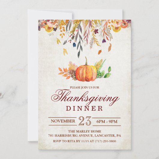 Rustieke Pompoen Herfst Thanksgiving Diner Invitat Kaart (Voorkant)