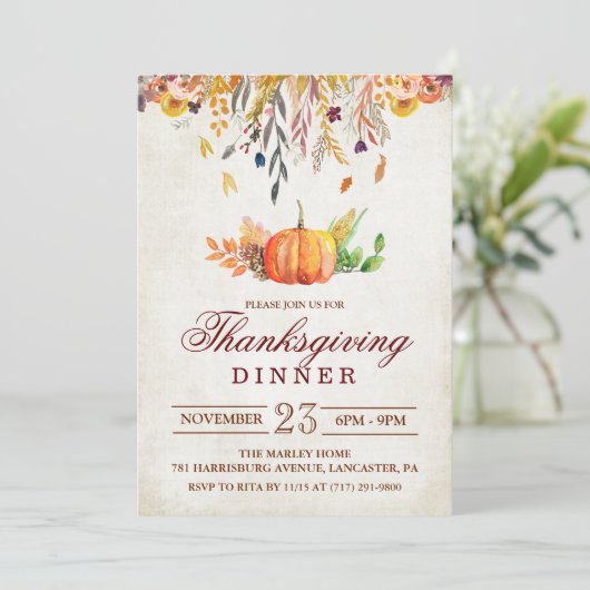 Rustieke Pompoen Herfst Thanksgiving Diner Invitat Kaart (Staand voorkant)