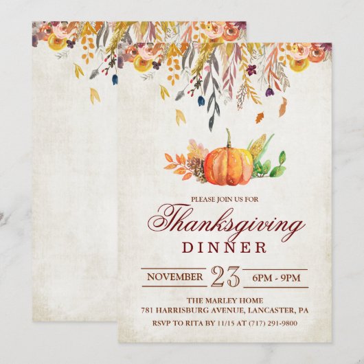 Rustieke Pompoen Herfst Thanksgiving Diner Uitnodi Kaart (Voorkant / Achterkant)