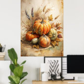 Rustieke pompoen & herfstbladeren Boho Herfst Wall Poster (Thuiskantoor)