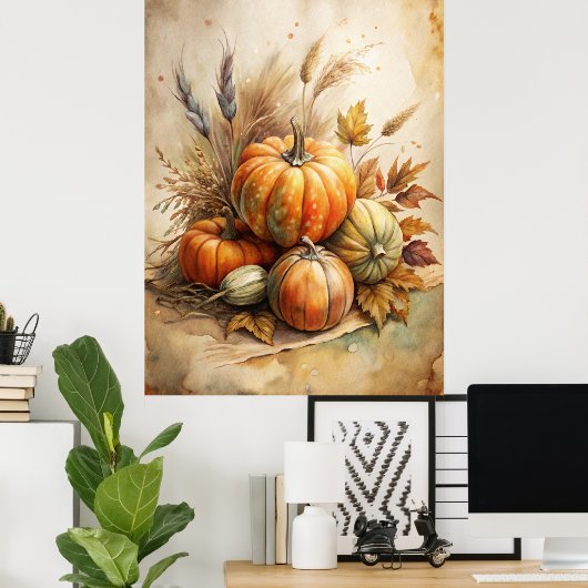 Rustieke pompoen & herfstbladeren Boho Herfst Wall Poster (Thuiskantoor)