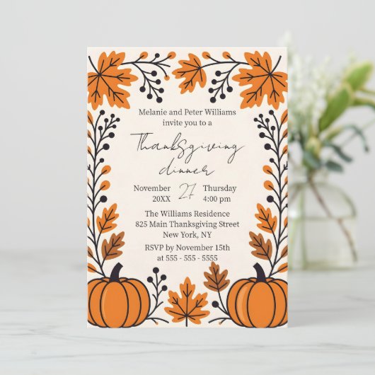 Rustieke pompoen herfstbladeren Thanksgiving diner Kaart (Staand voorkant)