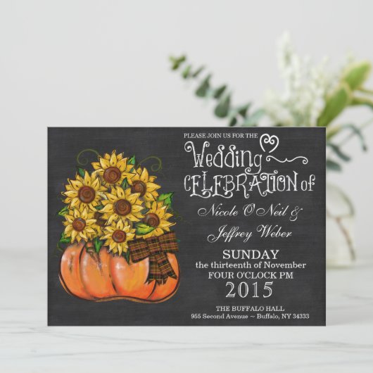 Rustieke pompoen krijtbord bruiloft uitnodiging (Staand voorkant)