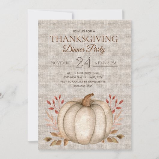 Rustieke Pompoen Linnen Thanksgiving Dinner Party Kaart (Voorkant)