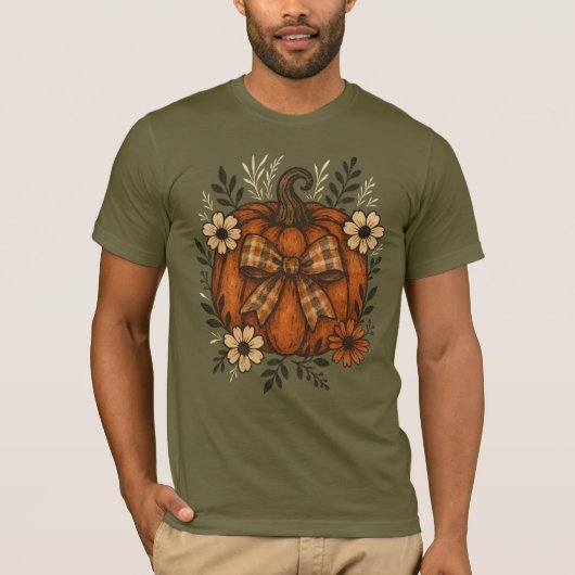 Rustieke pompoen met Plaid Bow & Herfst Flowers T-shirt (Voorkant)