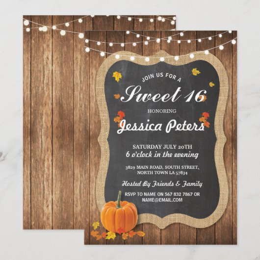 Rustieke pompoen Sweet 16 Party Krijt Hout Uitnodi Kaart (Voorkant / Achterkant)
