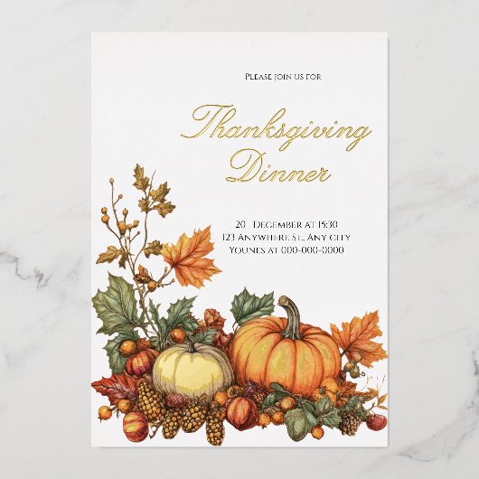 Rustieke pompoen Thanksgiving Partij Folie Uitnodiging (Voorkant)