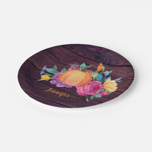 Rustieke Pompoen Waterverf Bloemen Herfst Party Papieren Bordje (Gekanteld)