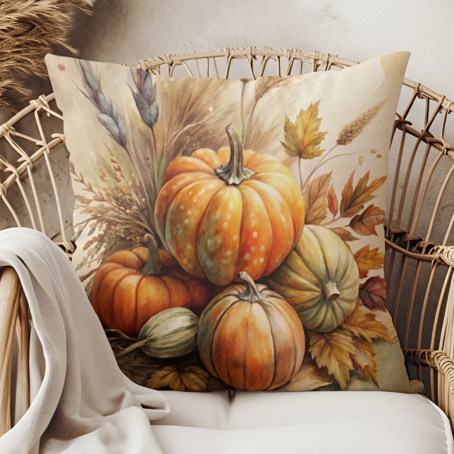 Rustieke pompoenen & bladeren Boho herfst kussensl Kussen (Rustic Pumpkins & Leaves Boho Fall Throw Pillow in a boho rattan armchair)