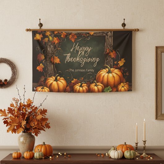 Rustieke pompoenen en herfstbladeren Thanksgiving Spandoek