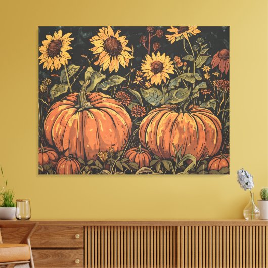 Rustieke pompoenen en zonnebloemen - Herfst Art Pr Canvas Afdruk (Insitu (Woonkamer))