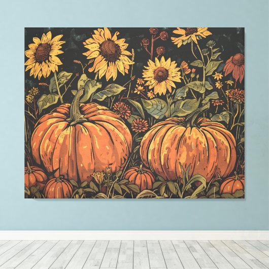 Rustieke pompoenen en zonnebloemen - Herfst Art Pr Canvas Afdruk (Insitu (Houten vloer))