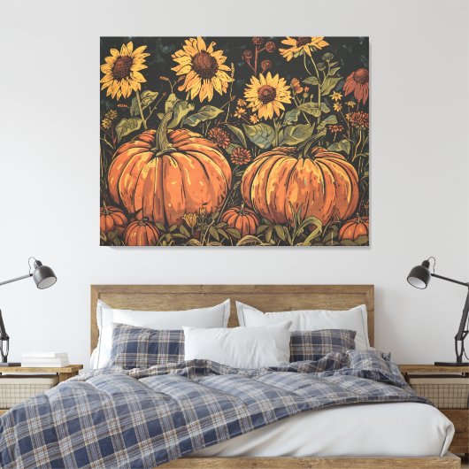 Rustieke pompoenen en zonnebloemen - Herfst Art Pr Canvas Afdruk (Insitu (Slaapkamer))