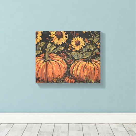 Rustieke pompoenen en zonnebloemen Herfst Art Prin Canvas Afdruk (Insitu (Houten vloer))