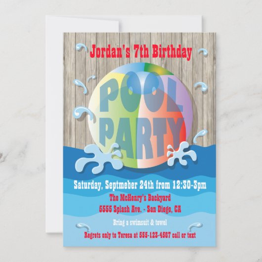 Rustieke Pool Party Uitnodiging met Beach Ball (Voorkant)