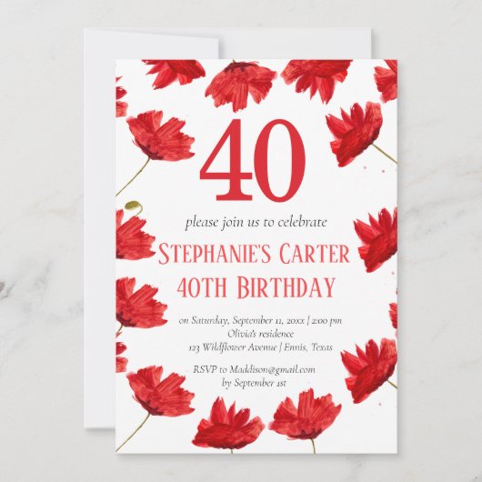 Rustieke Poppy 40e verjaardag Wildflower Red Flora Kaart (Voorkant)