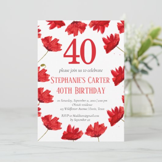 Rustieke Poppy 40e verjaardag Wildflower Red Flora Kaart (Staand voorkant)