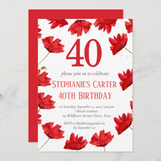 Rustieke Poppy 40e verjaardag Wildflower Red Flora Kaart (Voorkant / Achterkant)