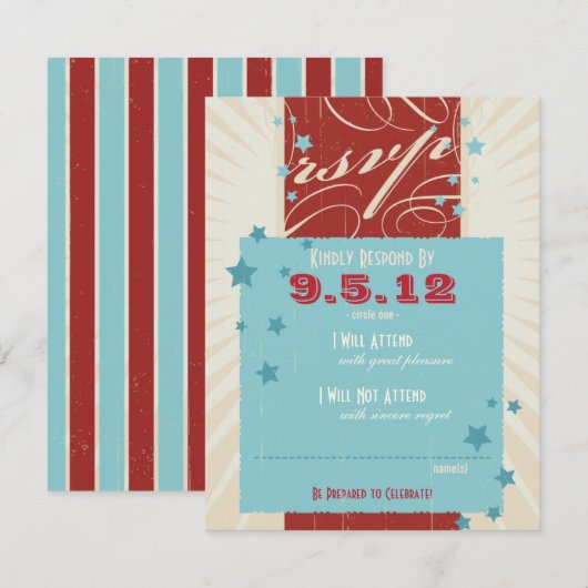Rustieke Poster: Rood, Wit & Blauw Trouw RSVP Kaart (Voorkant / Achterkant)