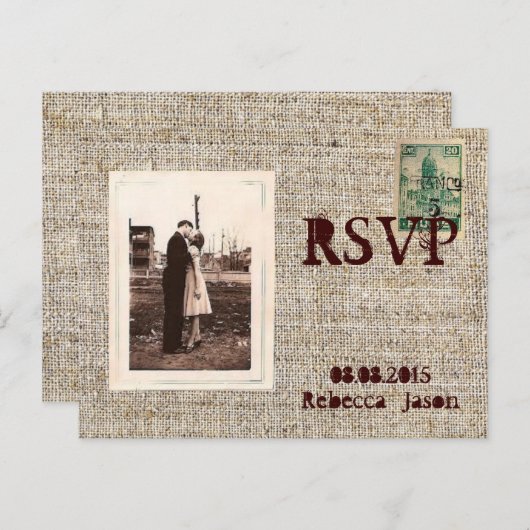 Rustieke  postzegels burlap country Wedding RSVP Uitnodiging Briefkaart (Voorkant / Achterkant)