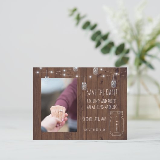 Rustieke pot twinkellichtjes save the date (Staand voorkant)