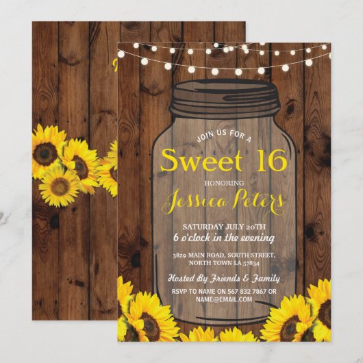 Rustieke pot zoete 16 feest hout zonnebloem uitnod kaart (Voorkant / Achterkant)