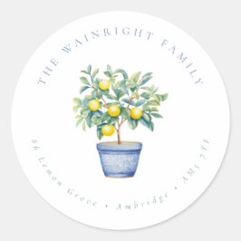 Rustieke potten citroenboom familie retour adres ronde sticker