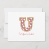 Rustieke Preppy Monogram "U" Roze Gingham Wood Gir Notitiekaartje (Voorkant)