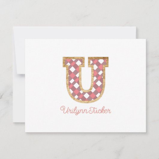 Rustieke Preppy Monogram "U" Roze Gingham Wood Gir Notitiekaartje (Voorkant)