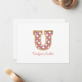 Rustieke Preppy Monogram "U" Roze Gingham Wood Gir Notitiekaartje (Voorkant / Achterkant in situ)