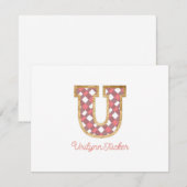 Rustieke Preppy Monogram "U" Roze Gingham Wood Gir Notitiekaartje (Voorkant / Achterkant)