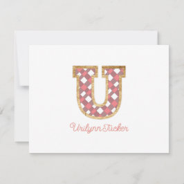 Rustieke Preppy Monogram "U" Roze Gingham Wood Gir Notitiekaartje