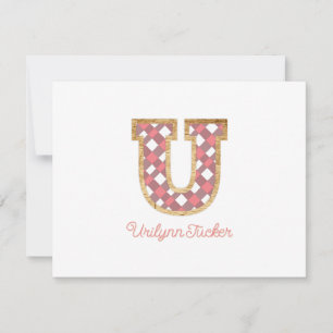 Rustieke Preppy Monogram "U" Roze Gingham Wood Gir Notitiekaartje