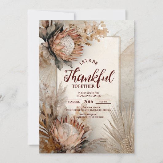 Rustieke Protea Bloom Thanksgiving Diner Kaart (Voorkant)