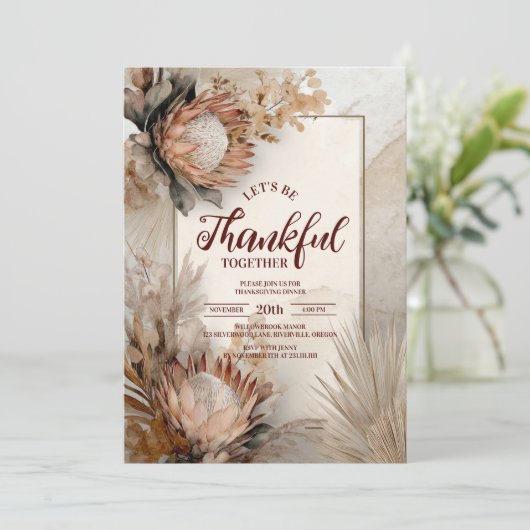 Rustieke Protea Bloom Thanksgiving Diner Kaart (Staand voorkant)