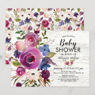 Rustieke Pruim Blauw Bloemen BABY Douche Uitnodigi Kaart