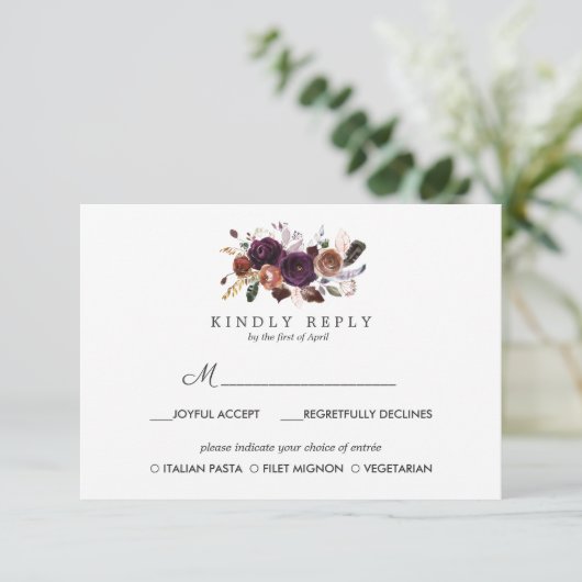 Rustieke pruim | Boho bruiloft RSVP MAALTIJD optie (Staand voorkant)