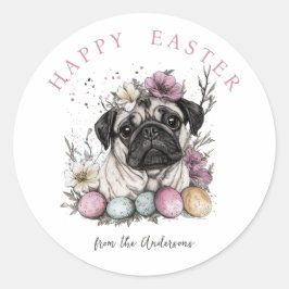 Rustieke pug hond Pasen botanicals Ronde Sticker