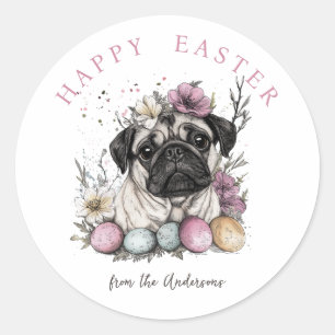 Rustieke pug hond Pasen botanicals Ronde Sticker