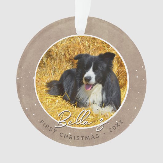 Rustieke Puppy Eerste Kerstmis Hond Foto Ornament (voorkant)