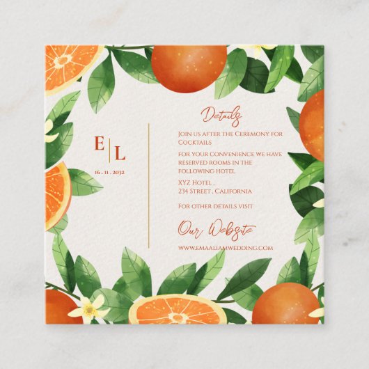Rustieke QR-code Citrus Sinaasappel Fall Wedding D Informatiekaartje (Voorkant)