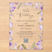 Rustieke QR-code Paarse bloemen bruiloft Acryl Uitnodigingen (Voorkant)