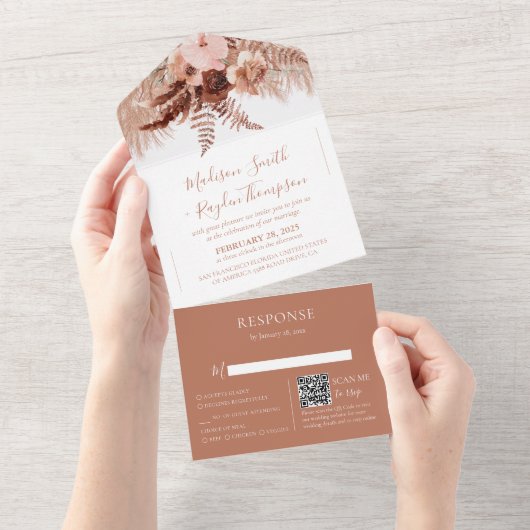 Rustieke QR Code Terracotta Pampas Grass Bruiloft All In One Uitnodiging (Afscheurbaar)