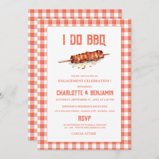 Rustieke Red Gingham Ik doe BBQ Verlovingsfeest Kaart (Voorkant / Achterkant)