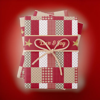 Rustieke Red Tan Gold Patchwork Quilt Love Joy Sta Inpakpapier Vel