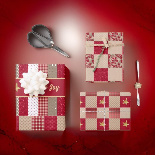 Rustieke Red Tan Gold Patchwork Quilt Love Joy Sta Inpakpapier Vel