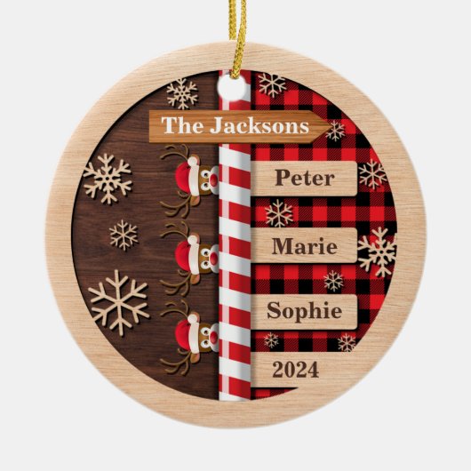 Rustieke Rendieren Plaid Familie Kerstmis Keramisch Ornament (Voorkant)