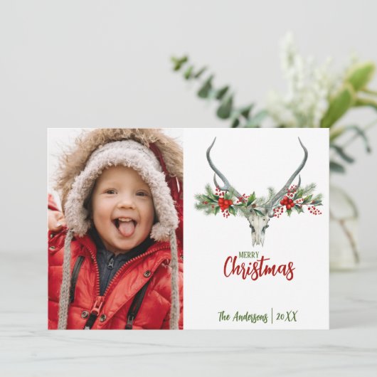 Rustieke rendierschedel met geruite kerst Foto Feestdagenkaart (Staand voorkant)