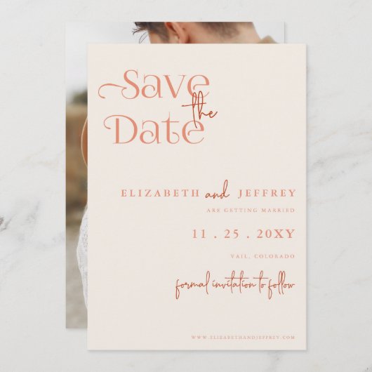 Rustieke Retro Boho Terracotta foto Save the Date Aankondiging (Voorkant / Achterkant)
